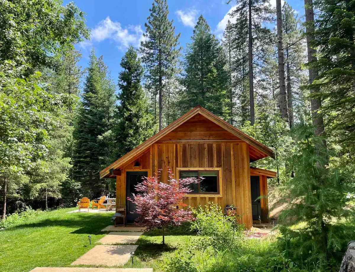 Cedar board-and-batten cabin among tall pines, with a red Japanese maple and a stepping-stone path across the lawn
