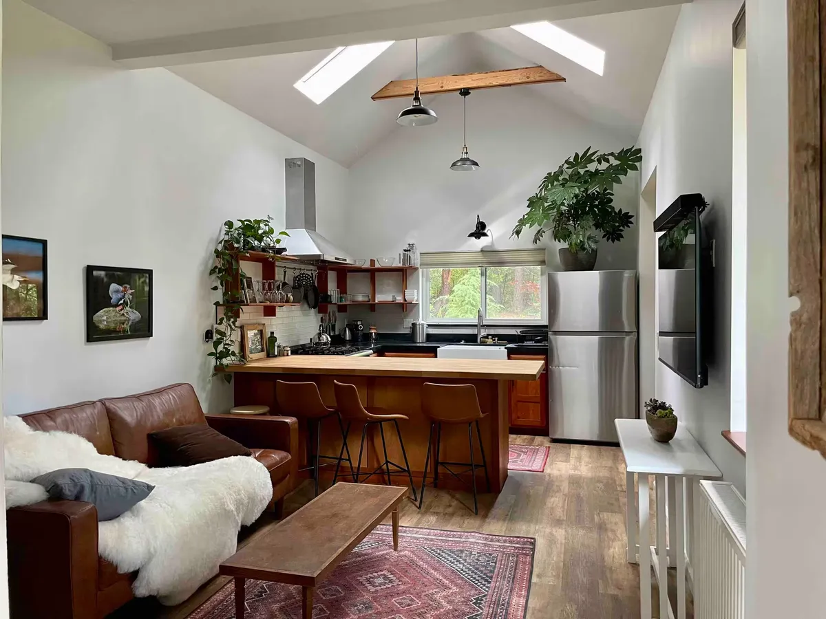 Vaulted living room open to the kitchen, lit by skylights, with a leather sofa and plants