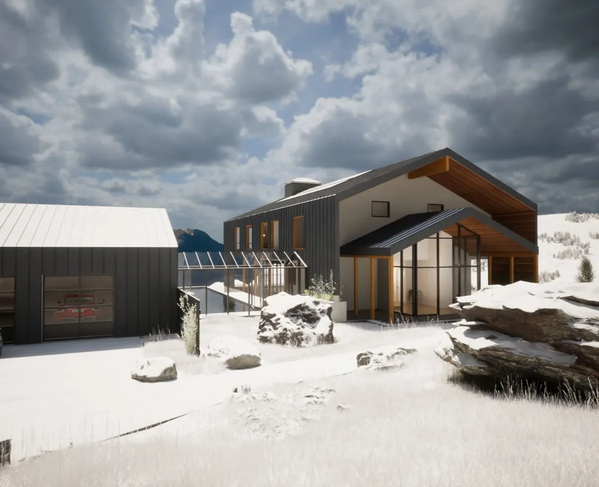 Rendering of the house, greenhouse, and garage on a snowy site